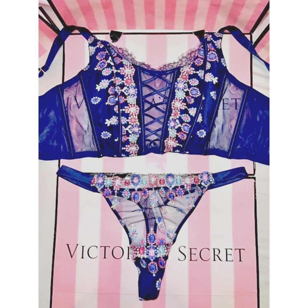 Victorias Secret Corset Bra Top & Thong Blue XL Beautiful